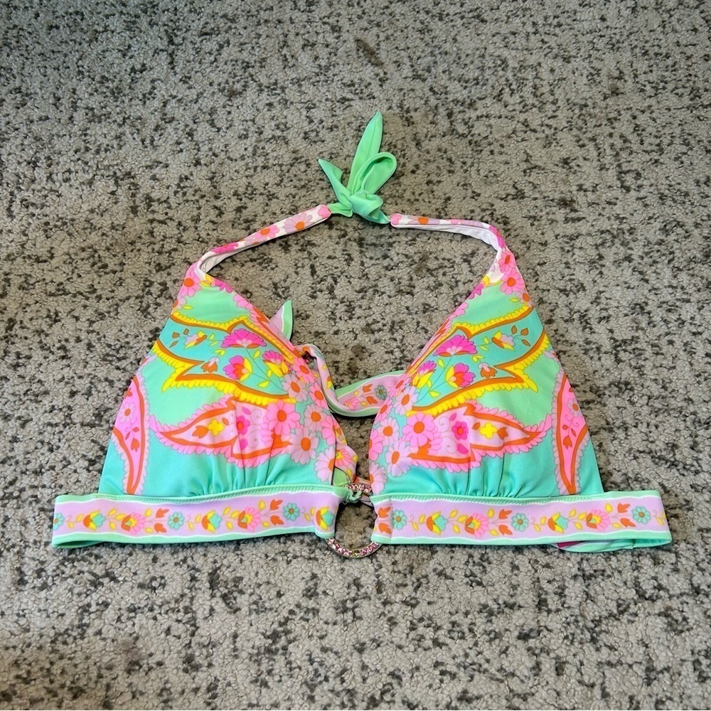 Victoria’s Secret Green & Pink Floral Padded Tie-Back Bikini Top Size Medium